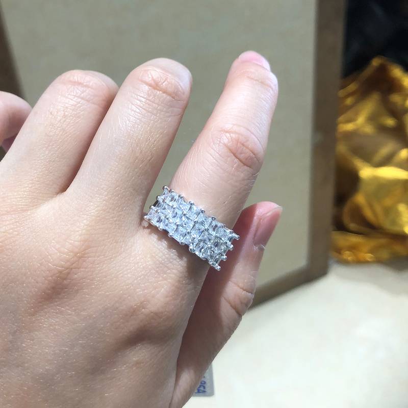 方钻满钻排戒S925银镀白金Women's Ring定制选款副石Moissanite9.9ct